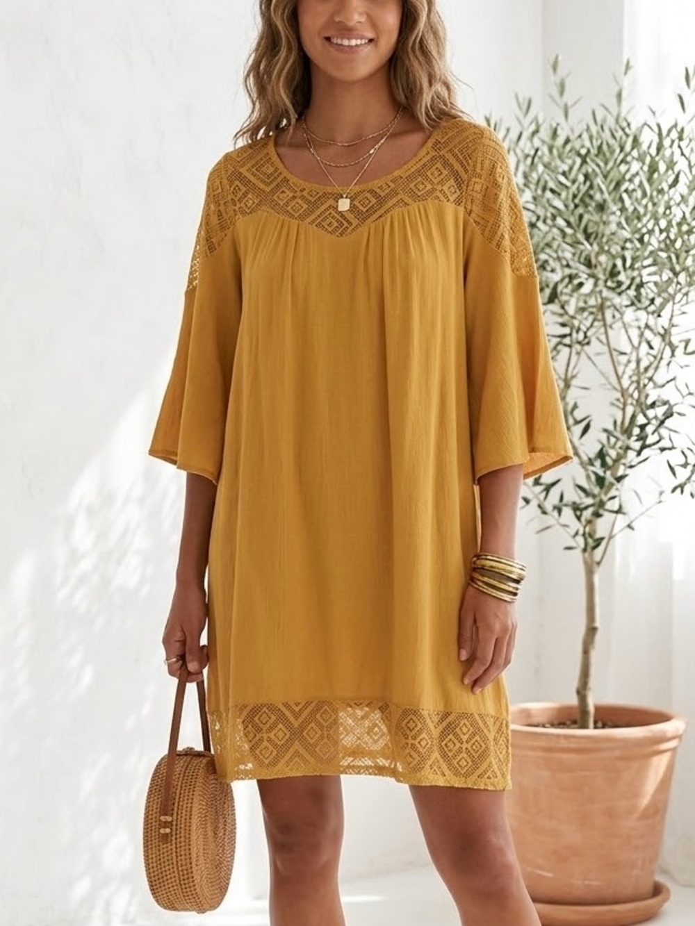 Naif Mustard Yellow Shift Dress S Bell Sleeve Lace Boho Coquette Oversized